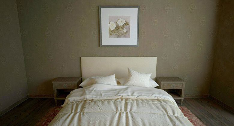 Bed with headboard on the wall